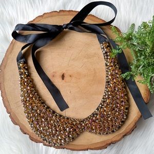 Champagne AB Crystal Beaded Bib Statement Necklace Peter Pan Faux Collar Saks